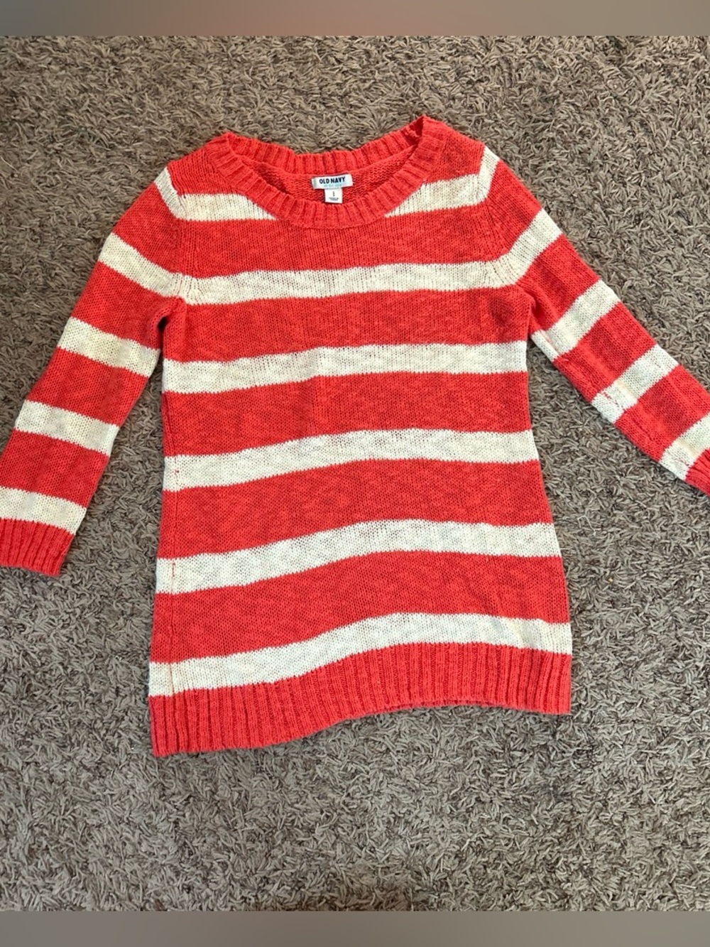 Old Navy Coral and Cream Striped Crewneck Sweater
